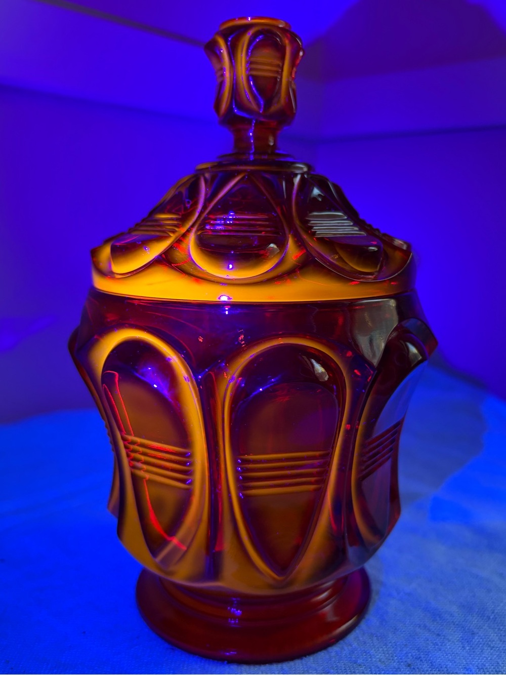 Vintage Fenton 1980s Ruby Red Barred Oval Covered Candy Dish - UV glow